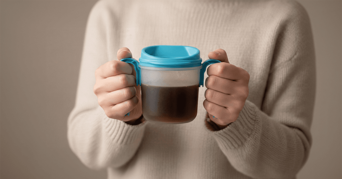Provale Classic Cup — hands holding the cup with the blue lid